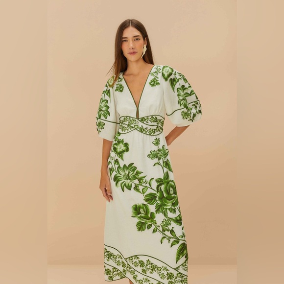 FARM Rio Dresses & Skirts - Farm Rio: Off-White Green Floral Cascade Lenzing™ Ecovero™ Euroflax™ Midi Dress